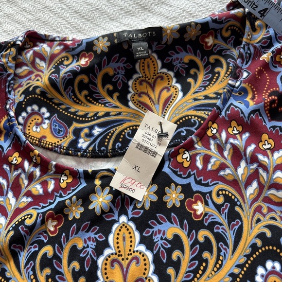 Talbots Jersey Paisley Blue Mustard Floral Shift Dress Stretch Elegant Career XL - Picture 6 of 7